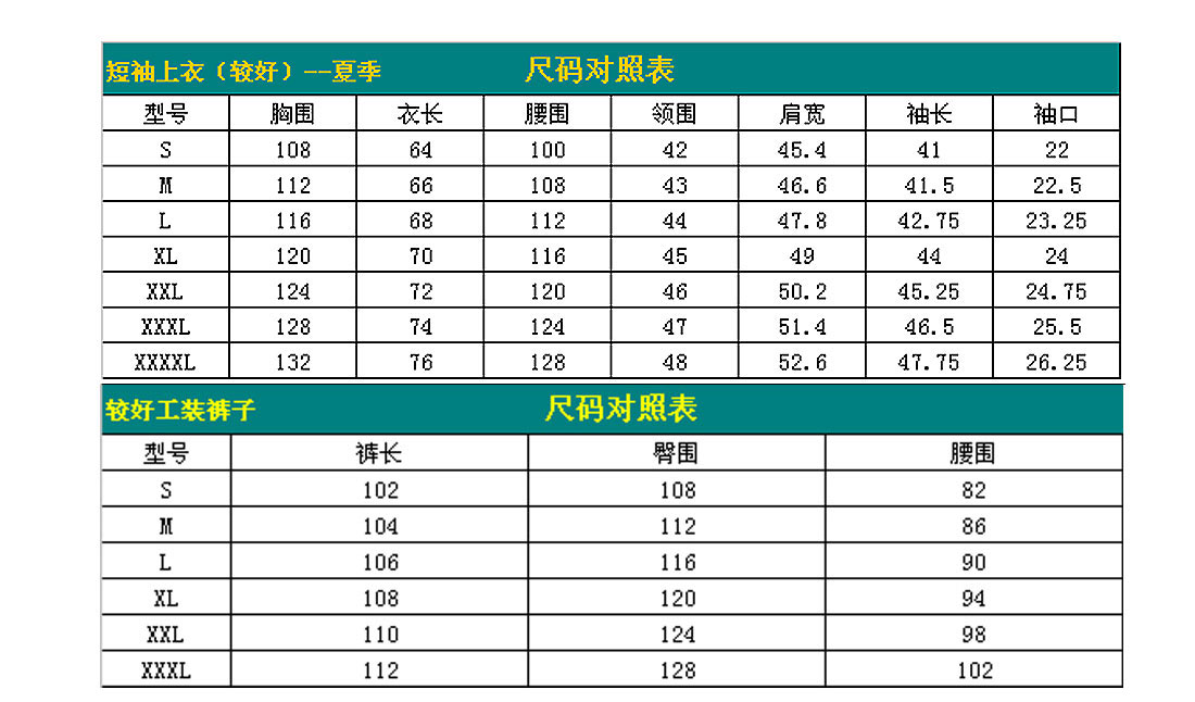 短袖工作服AD117-DX尺寸圖